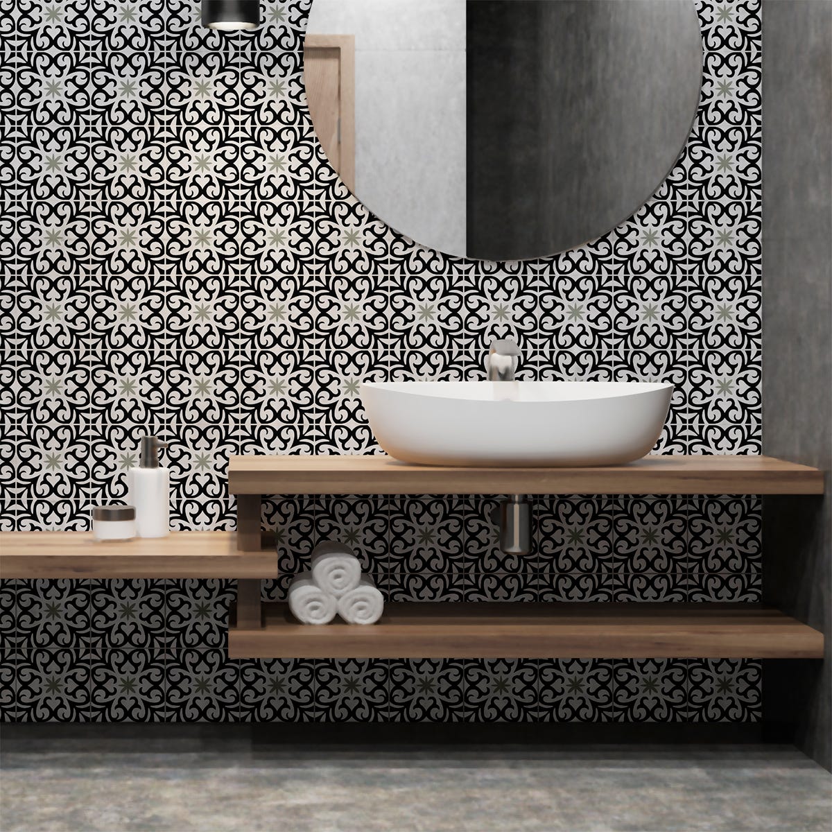 Sticker carrelage adhésif mural salle de bain et cuisine/Sticker Autocollant  Carrelage/Mosaïque carrelage mural - carreaux de ciment adhesif/Design  Black n Whit…