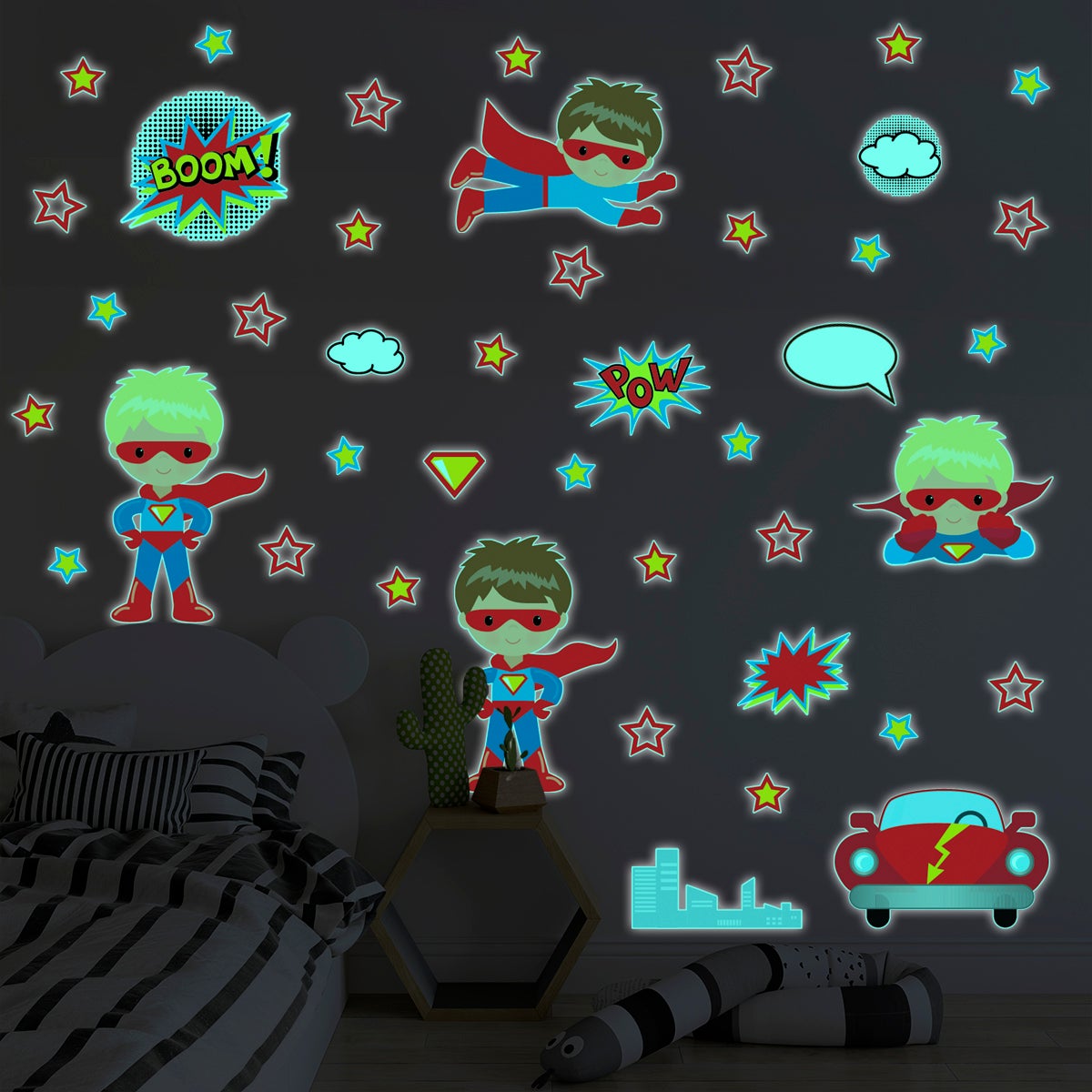 Sticker phosphorescent lumineux - SUPER-HÉROS - Autocollant mural plafond  enfant fluorescent - 40x40cm