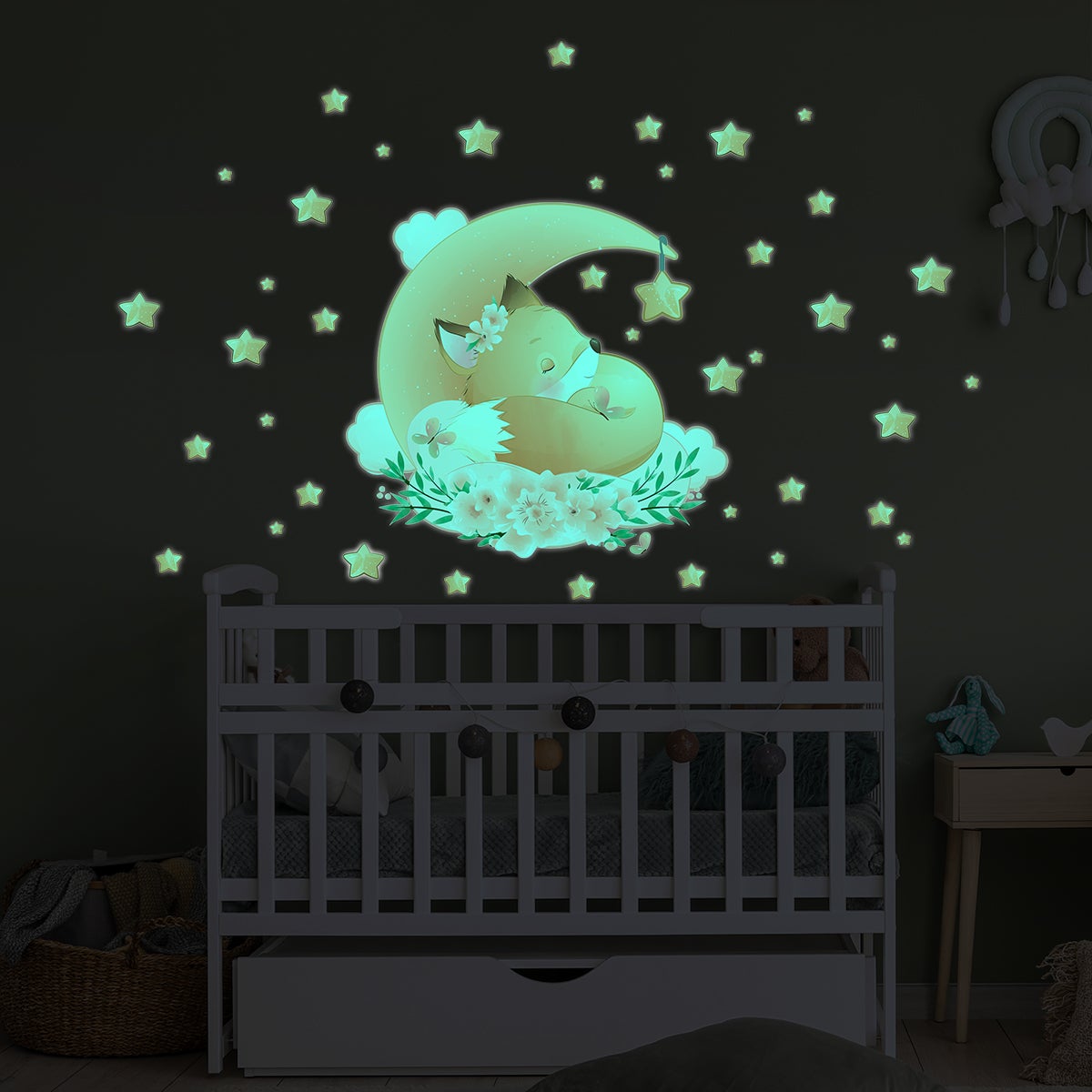 Sticker phosphorescent lumineux - OURSON PILOTE + 50 ÉTOILES - Autocollant  mural plafond enfant fluorescent - 110x120cm