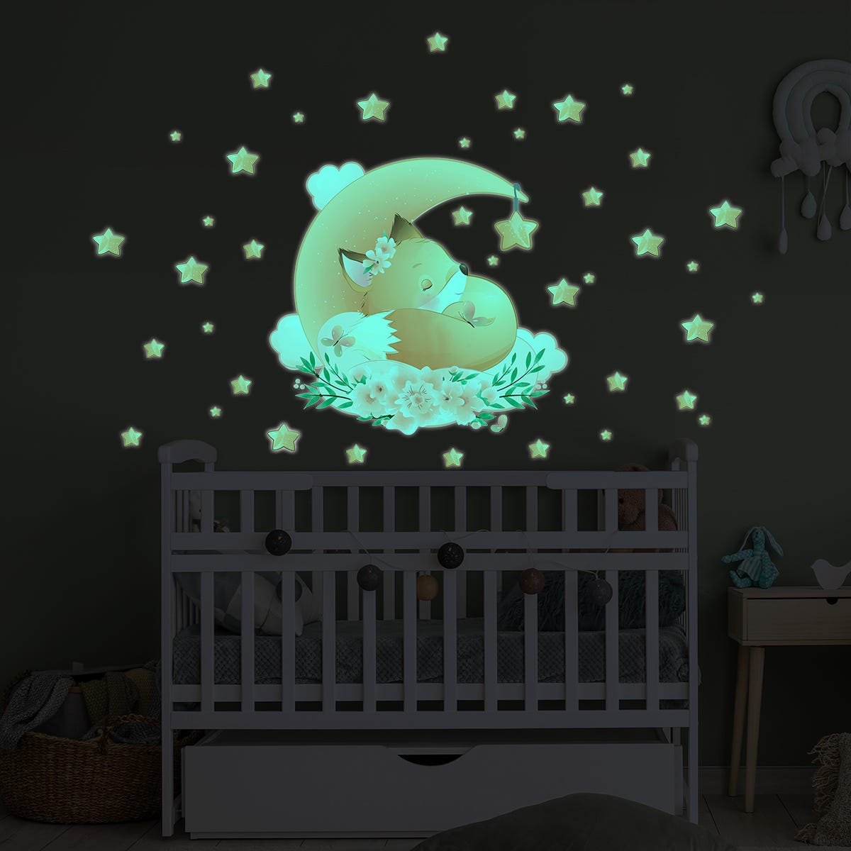 Sticker phosphorescent lumineux - RENARD DANS LES ÉTOILES + 40 ÉTOILES -  Autocollant mural plafond enfant fluorescent - 90x100cm