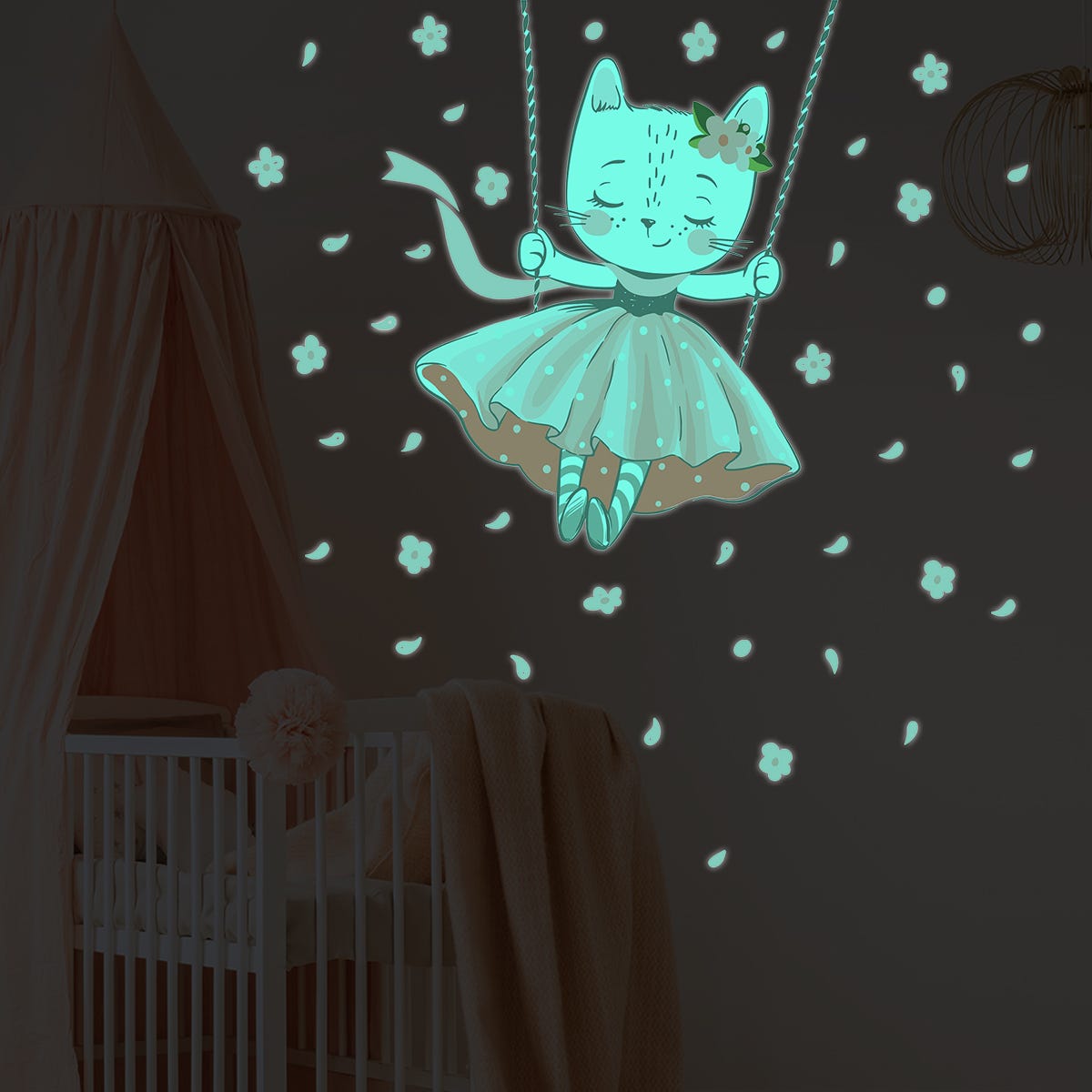 Sticker phosphorescent lumineux - CHAT DANSEUSE - Autocollant mural plafond  enfant fluorescent - 50x40cm