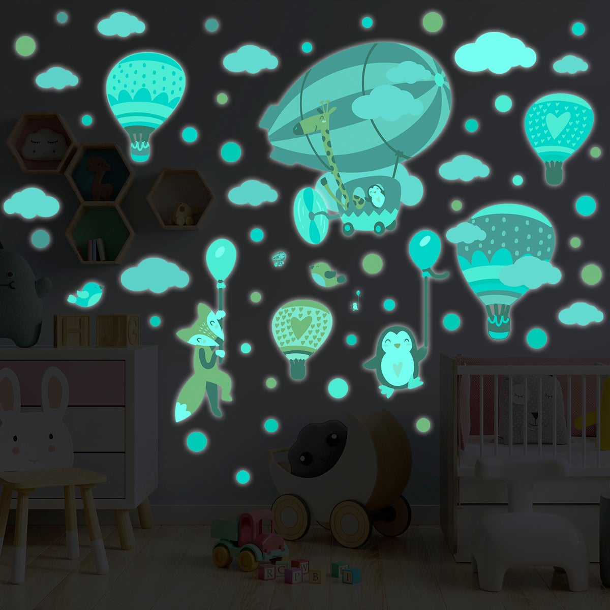 Sticker phosphorescent lumineux - ANIMAUX ASTRONAUTES DANS L'ESPACE -  Autocollant mural plafond enfant fluorescent - 160x120cm