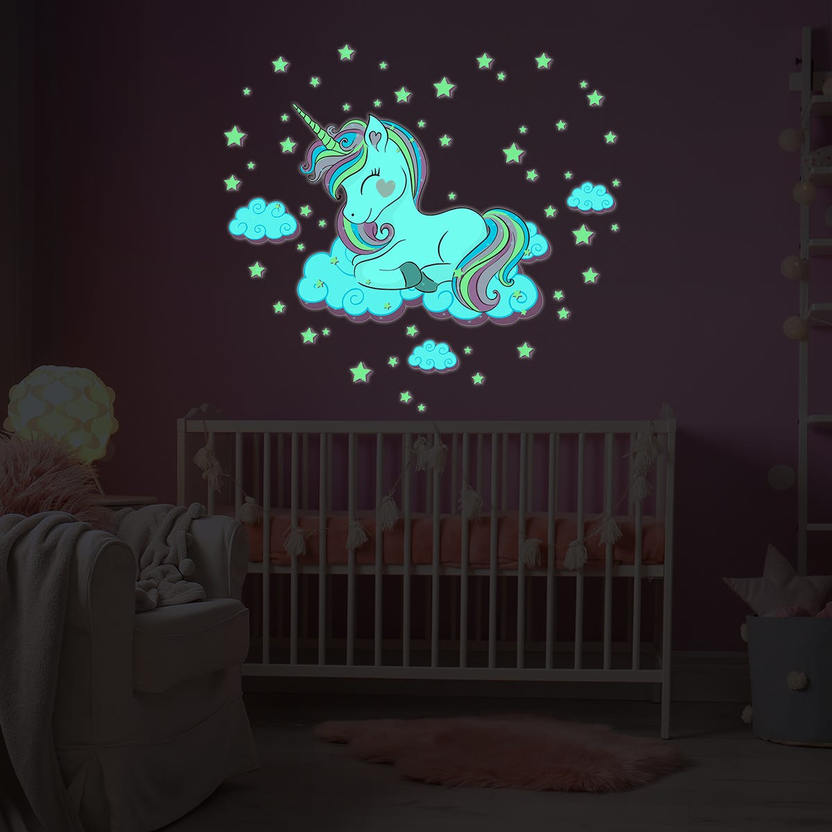 Sticker phosphorescent lumineux - LICORNE DANS LES NUAGES - Autocollant  mural plafond enfant fluorescent - 120x140cm