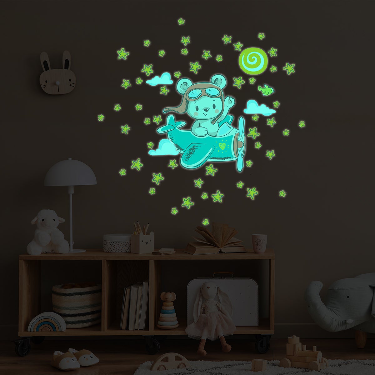 Sticker phosphorescent lumineux - OURSON ASTRONAUTE + 50 ÉTOILES -  Autocollant mural plafond enfant fluorescent - 100x100cm