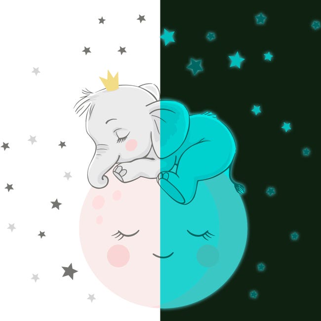 Stickers Chambre Bébé - Petit Elephant sur la Lune avec étoiles