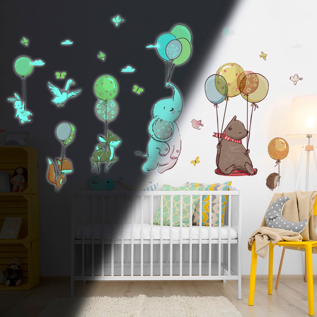 Sticker phosphorescent lumineux - RENARD DANS LES ÉTOILES + 40 ÉTOILES -  Autocollant mural plafond enfant fluorescent - 30x30cm