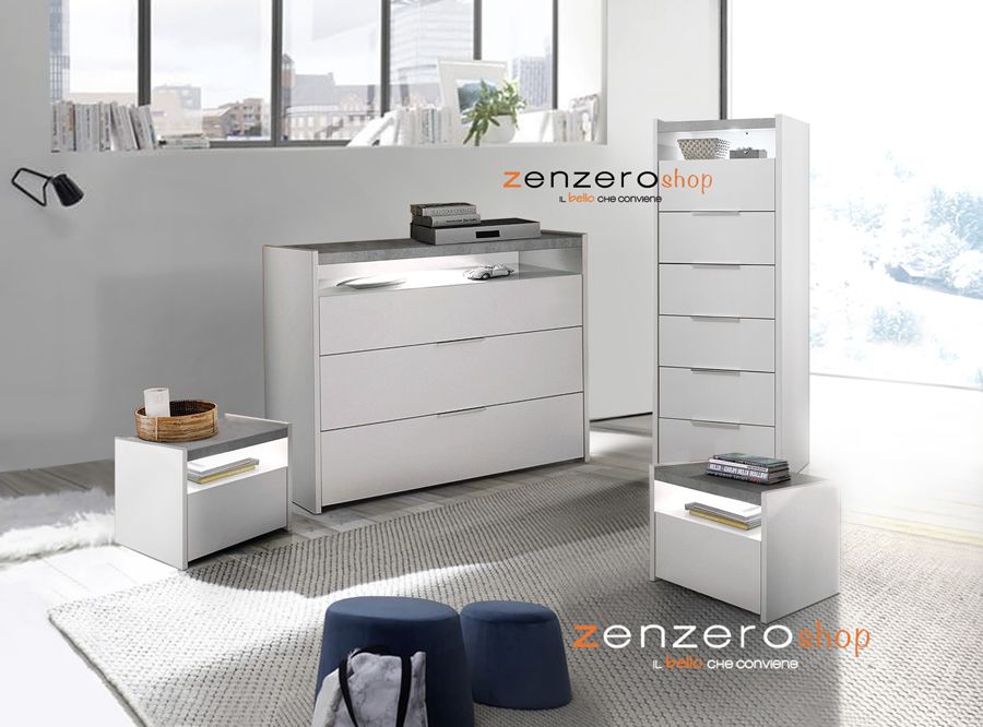 Set Comò e 2 Comodini con guide ammortizzate in finitura bianco opaco e  beton, Zenzero Shop, ZLCCOMFULBSET