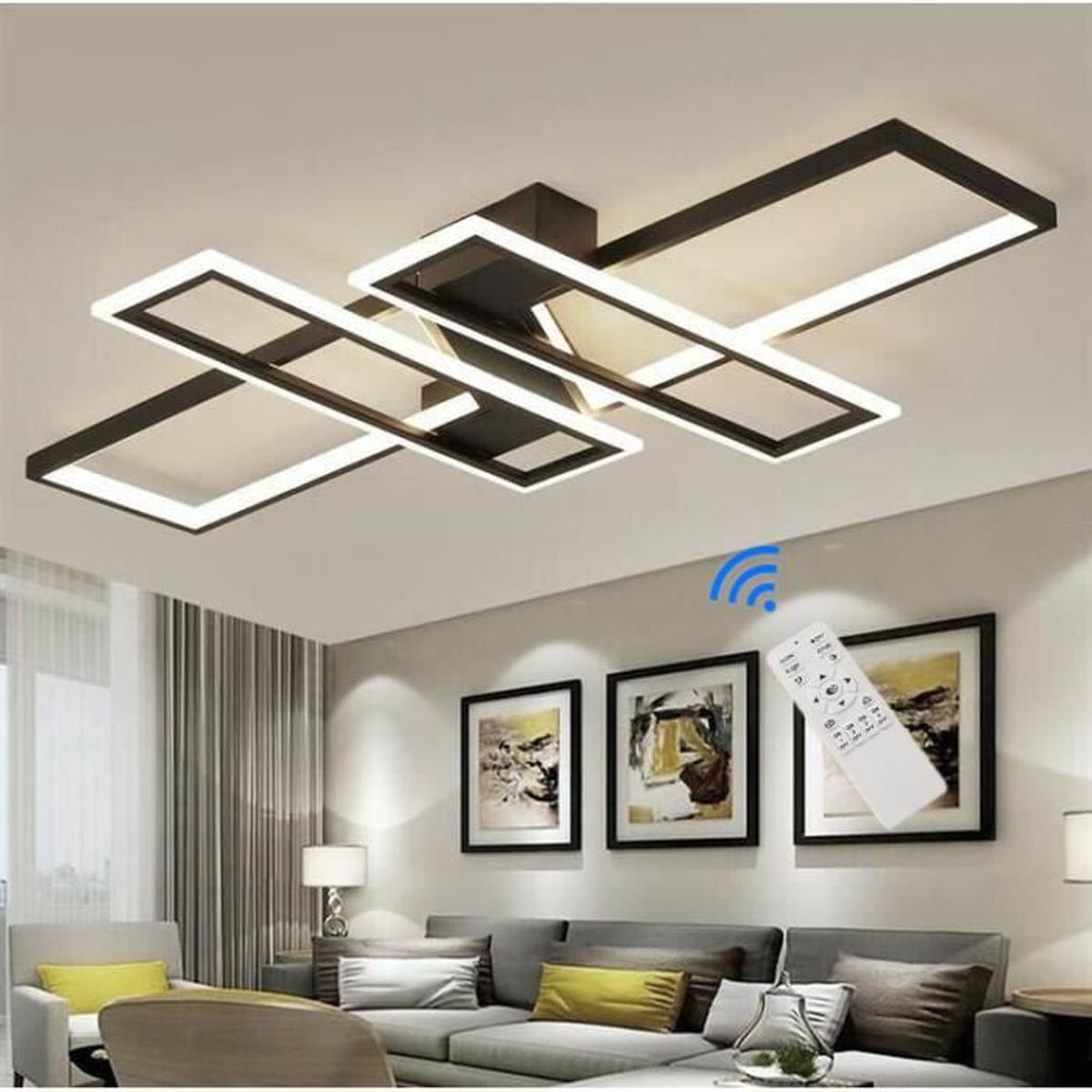 Lámpara de techo LED moderna con control remoto negro, regulable, lámparas  LED cuadradas rectangulares para sala de estar, dormitorio, cocina, loft