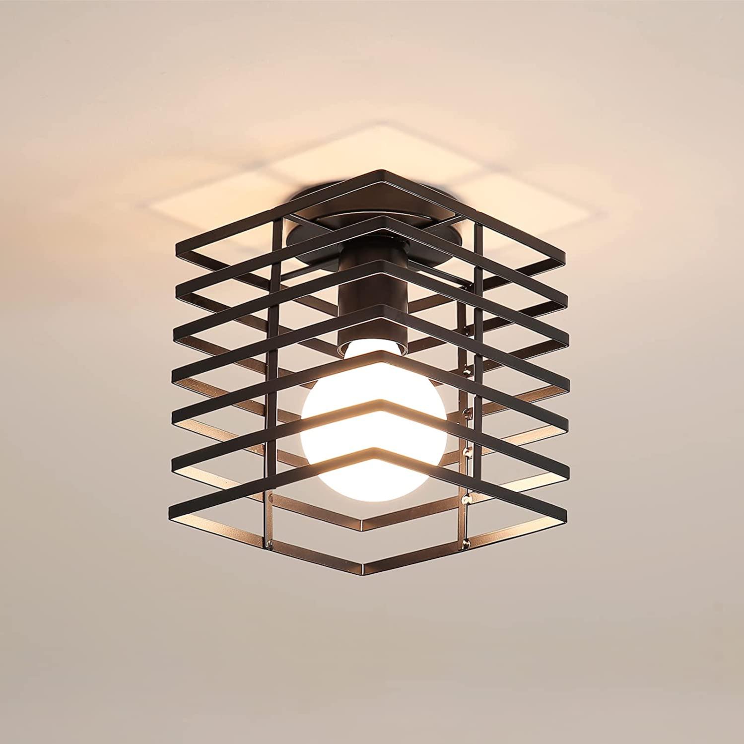 TOKIUS Plafoniera vintage E27 Lampadario Soffitto Industriale Metallo Gabbia ferro Nero per Corridoio Portico Camera da Letto