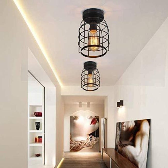 Plafonnier Industriel et Vintage E27 Base Cage Lampe de Plafond Pour  Cuisine Salle à Manger Chambre Couloir Entrée Balcon Noir (Ampoule non  incluse)