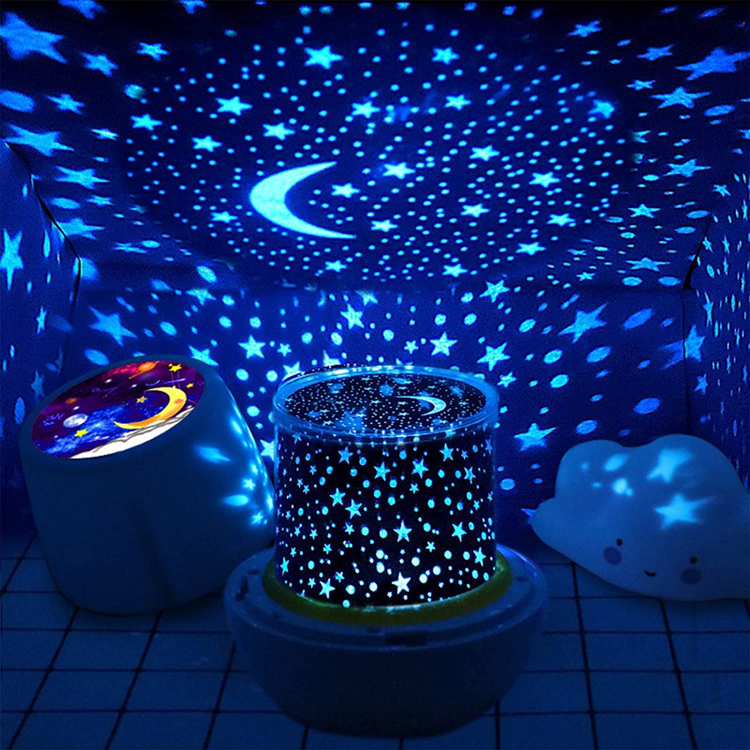 Lampada Proiettore Cielo Stellato, 360° Rotazione Proiettore Stelle Bambini,  Luce Notturna con 6 Colori, Alimentato USB/batterie, Adatto per Compleann