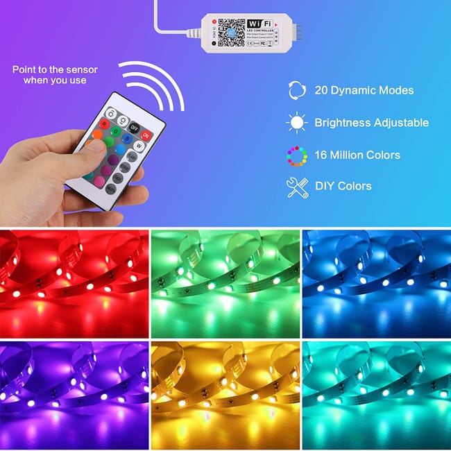 Ruban LED 5M WiFi, Smart Bande Lumineuse LED RGB 5050 12V