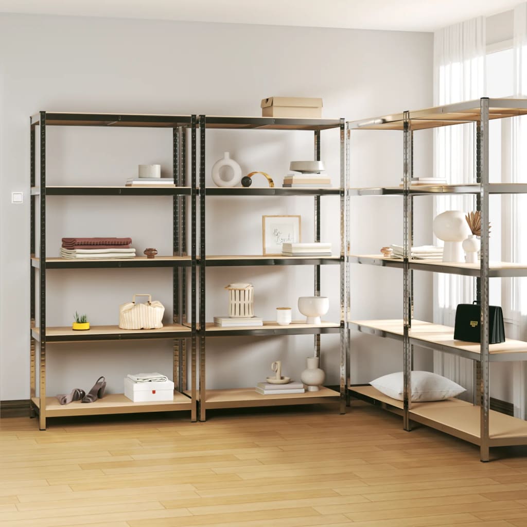 Estantería metal negro y tablero imitación madera - Loft - biblioteca 6  estantes, 60x30x180cm
