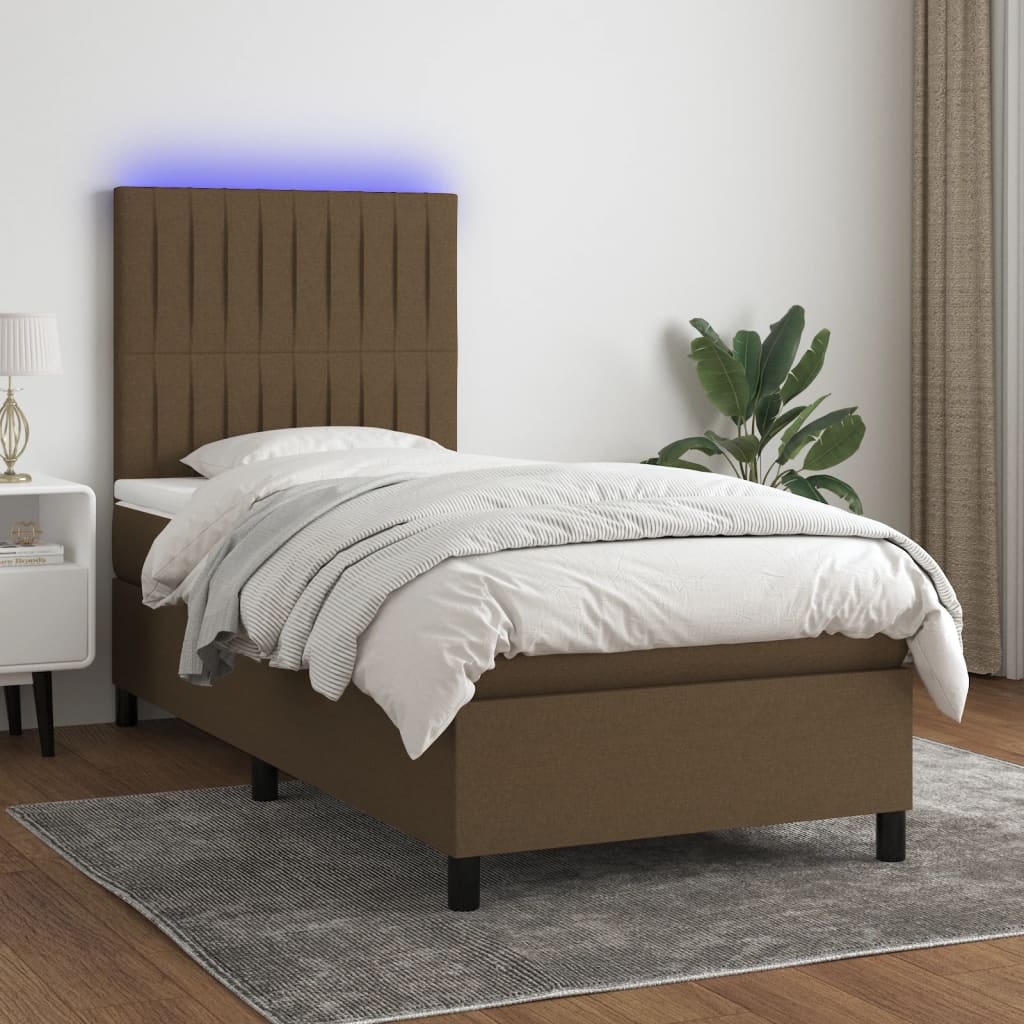 Cama box spring con colchón LED tela marrón oscuro 80x200 cm
