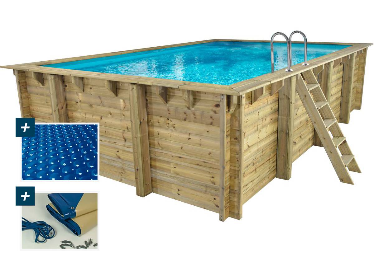 Piscina De Madera Rectangular&Quot;Panamá&Quot; - 6,20 X 4,10 X 1,45 M + Cubierta De Burbujas De 180 Μ - Cubierta De Invierno De 280 G/M²