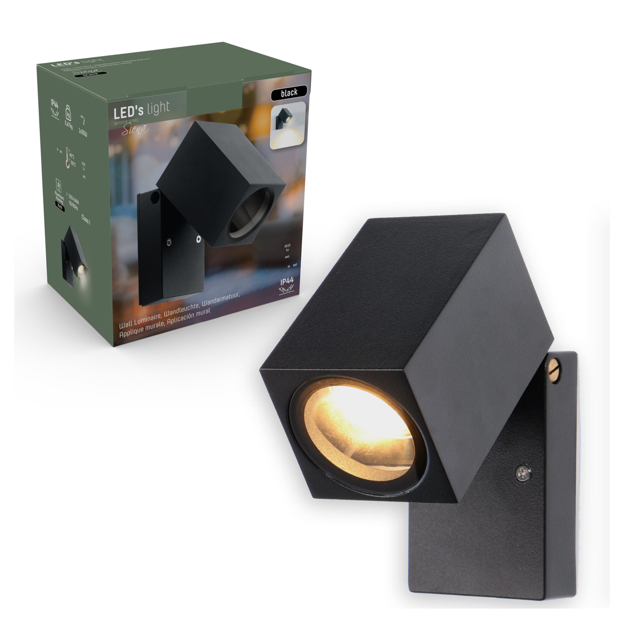 Aplique foco luz de pared exterior orientable para 1x gu10 ip44 color negro