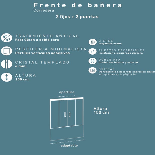 Patricia Mampara Bañera Frontal Corredera 2 puertas - 2 fijos | Vidrio  templado de 6mm | Antical