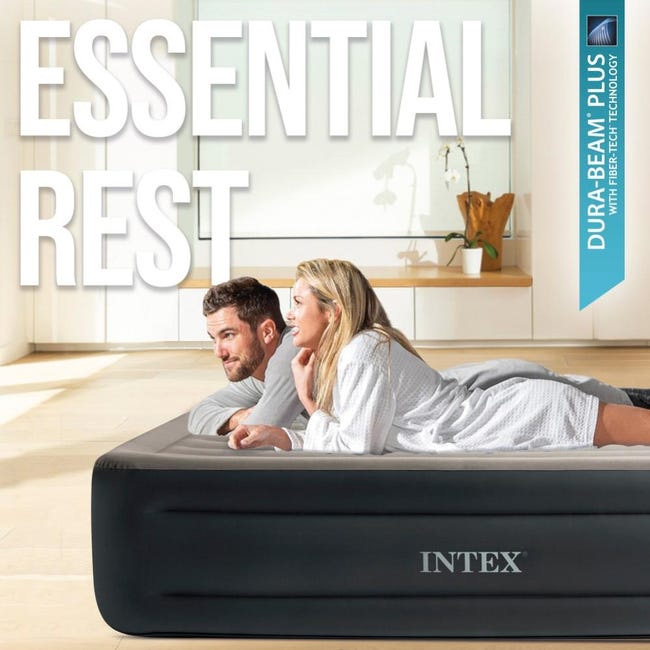 Matelas gonflable Intex - Essential Rest - 2 personnes - 152x203x46 cm  (LxLxH) - Gris - Motopompe intégrée