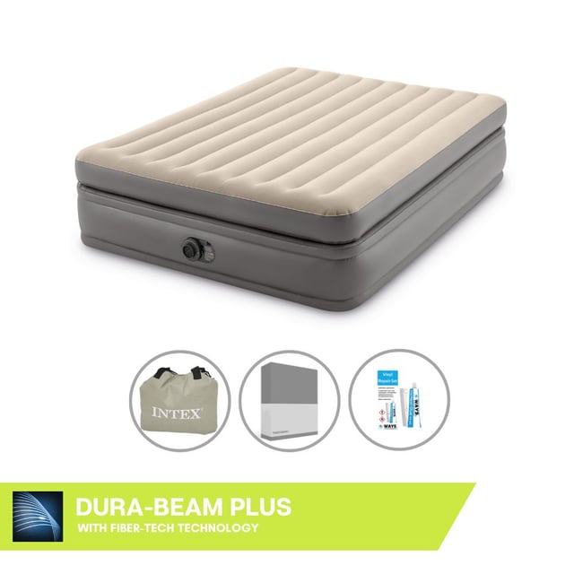 Intex Matelas gonflable - 2 personnes - 152 x 203 x 51 cm - Gris - Avec pompe intégrée + Drap housse Anthracite + Trousse de réparation