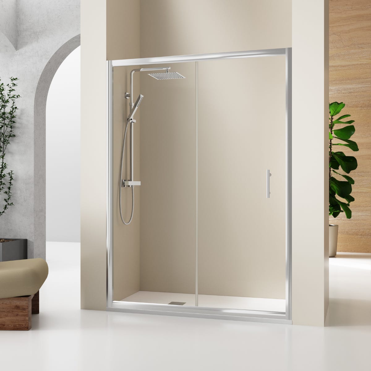 Mampara ducha Frontal de cristal 1 fijo + 1 puerta + costado fijo ✓