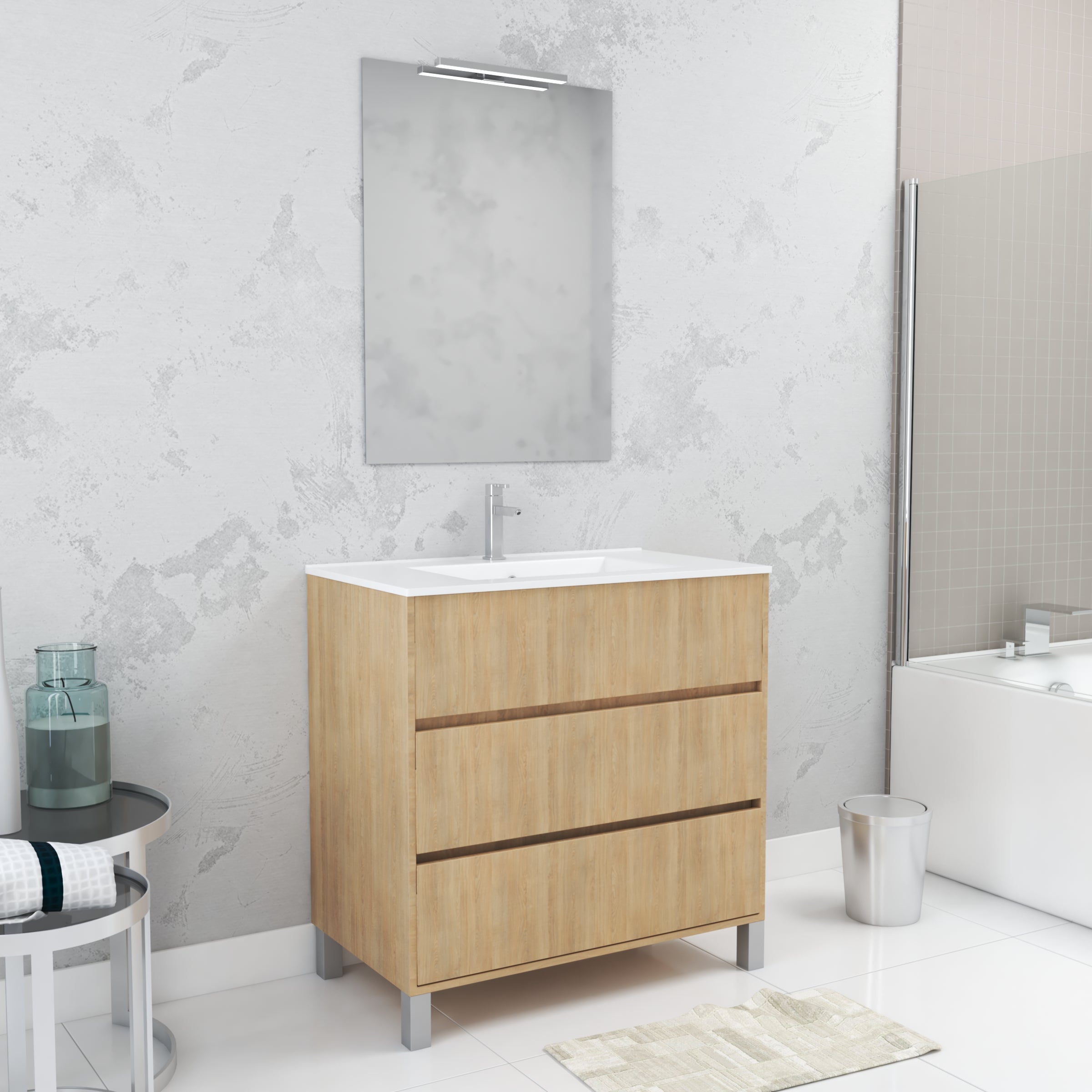 Pack Mueble Baño 2Cajones con Espejo NATURAL 80 cm Roble Mediterraneo /  Blanco