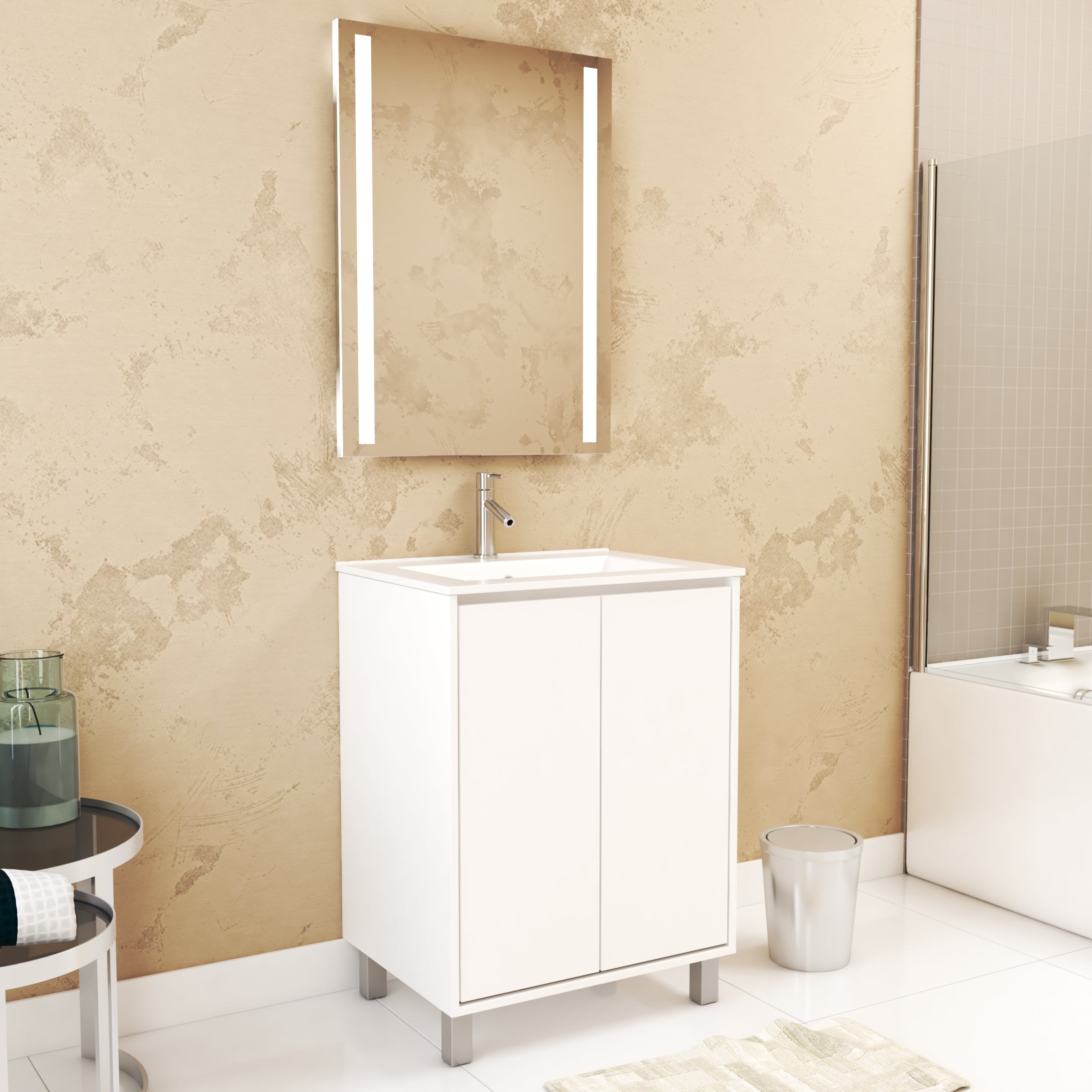 Pack mueble de baño 60cm blanco lacado 2 puertas, lavabo, espejo 60x80 con luz led integrada - xenos