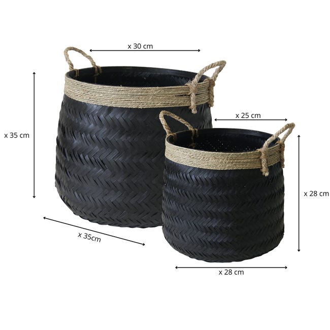 Set de 2 cestas en lamas trenzadas de bambú y asas de cuerda - Negro -  Natural - Cuerda / Bambú - Tamaño M&L