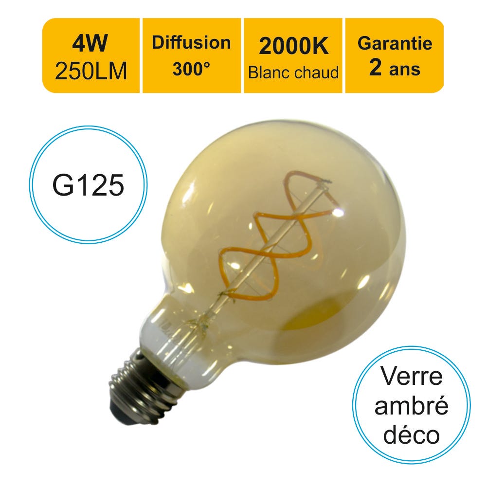 Ampoule LED filament E27 vintage G125 4W 250Lm 2000K - garantie 2 ans