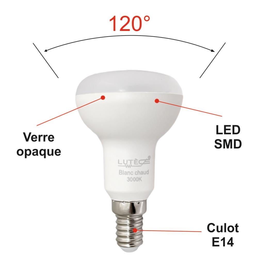 Lot de 10 ampoules LED E14 R50 4,9W (équiv. 40W) 470Lm 3000K - garantie 5 ans - 2