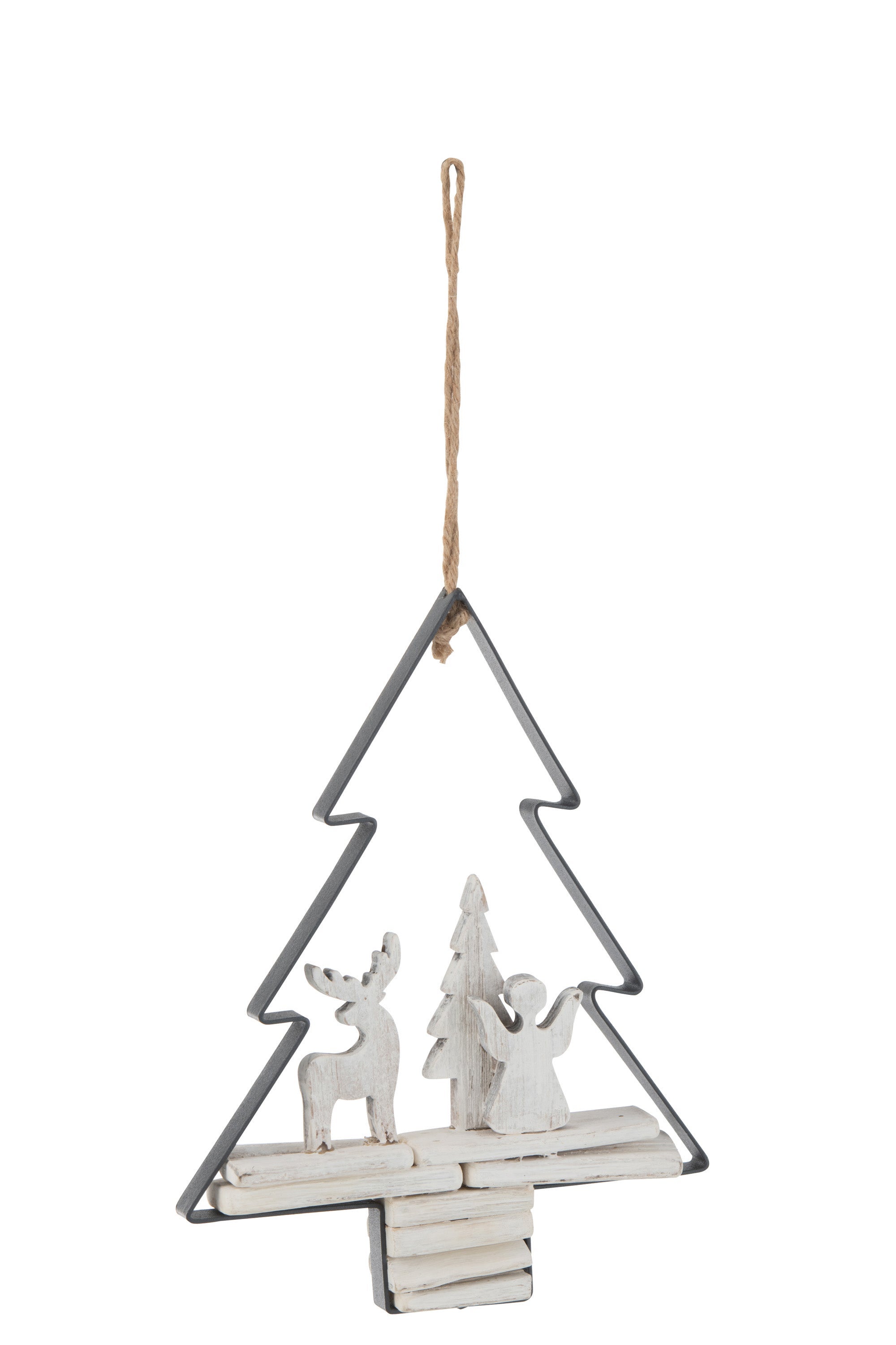 Suspension sapin de noel+personnages bois/metal blanc H. 27cm Leroy Merlin
