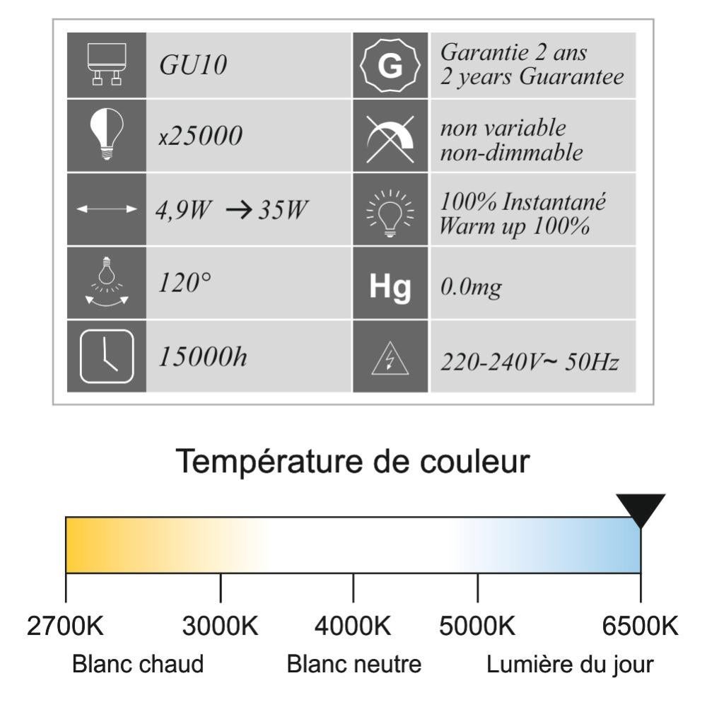 Lot de 10 ampoules LED GU10 4,9W - 120° - 400Lm 6400K - garantie 2 ans - 3