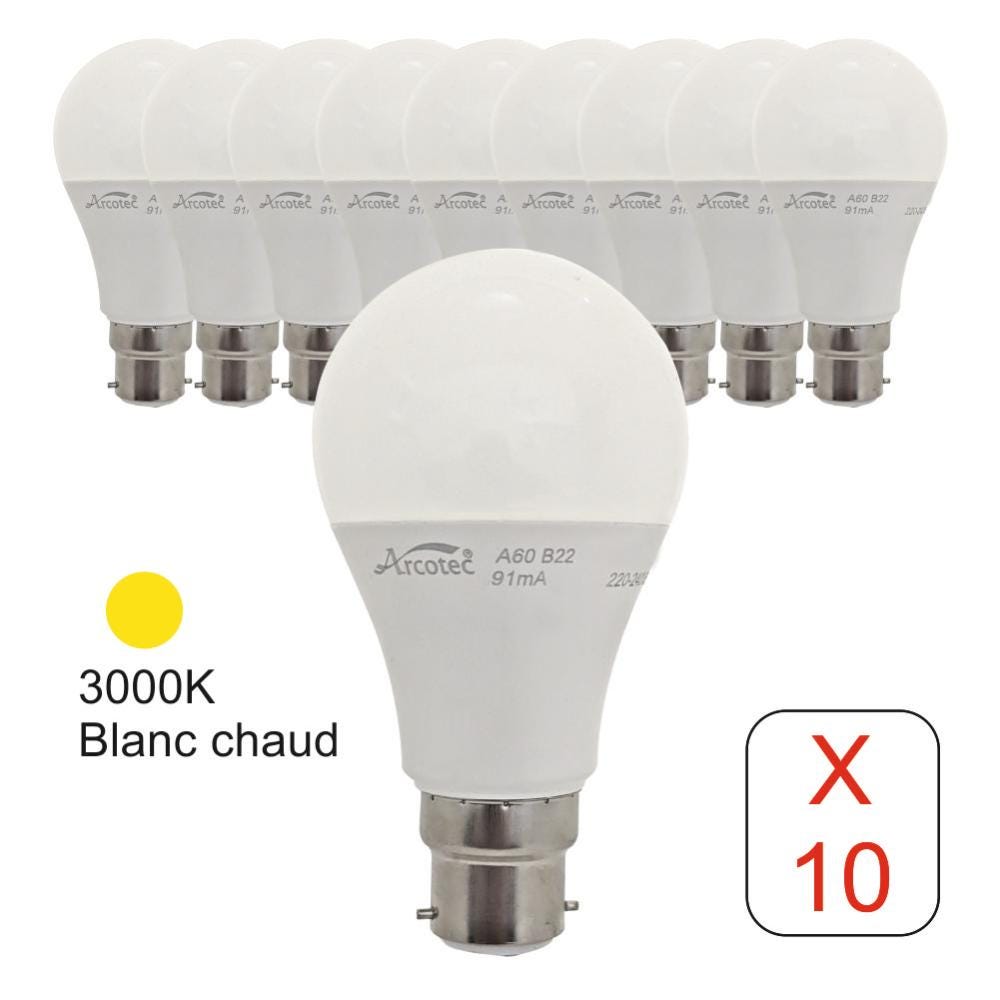 Lot de 10 ampoules LED B22 standard 11,1W 1055Lm 3000K - garantie 2 ans ...