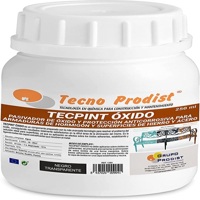 TECPINT ÓXIDO de Tecno Prodist - Pasivador de óxido al agua - Transformador  de oxido para superficies de hierro y acero - Transparente - 250 ml