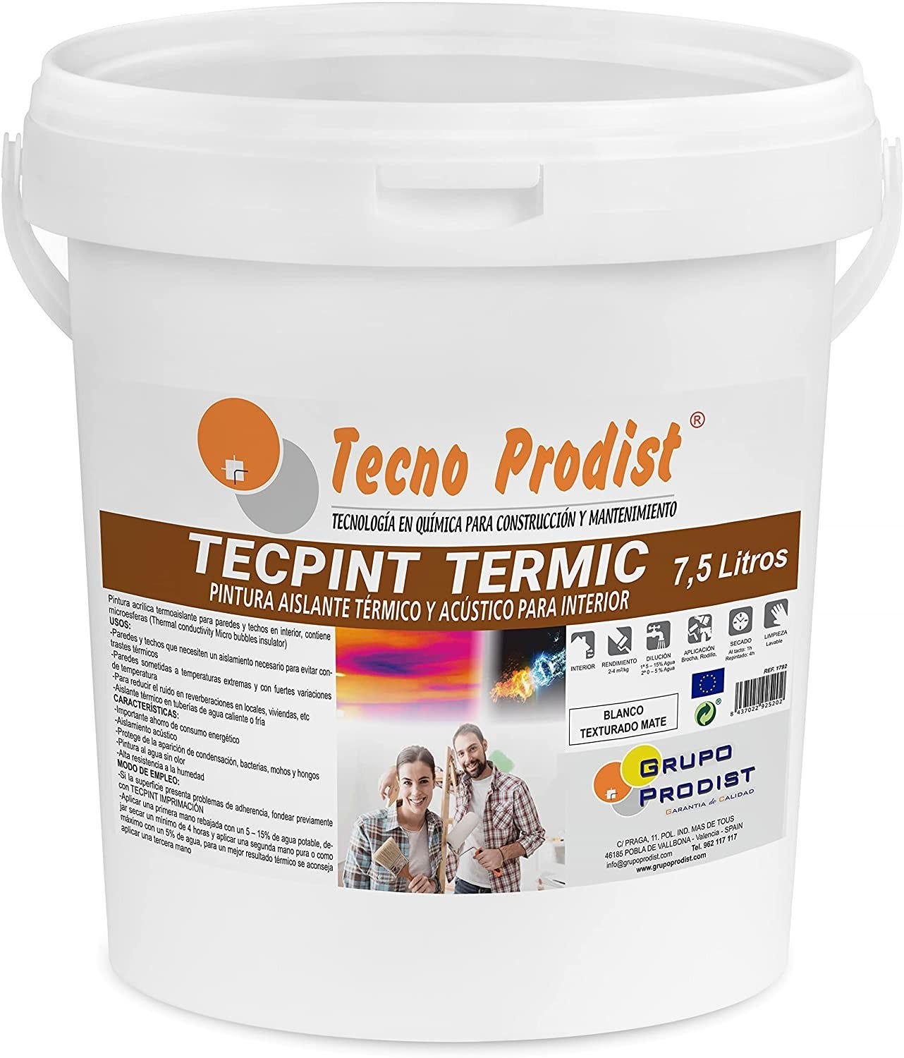 TECPINT TERMIC de Tecno Prodist - Peinture à l'eau avec isolation thermique  et acoustique - Intérieur - Anti-humidité - Inodore - Blanc - 7,5 Litres