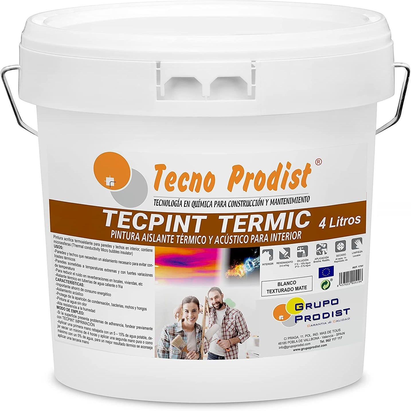 TECPINT TERMIC de Tecno Prodist - Pintura con aislante térmico y acústico  al agua - Interior - Antihumedad - Sin olor (BLANCO) - Blanco - 4 Litros