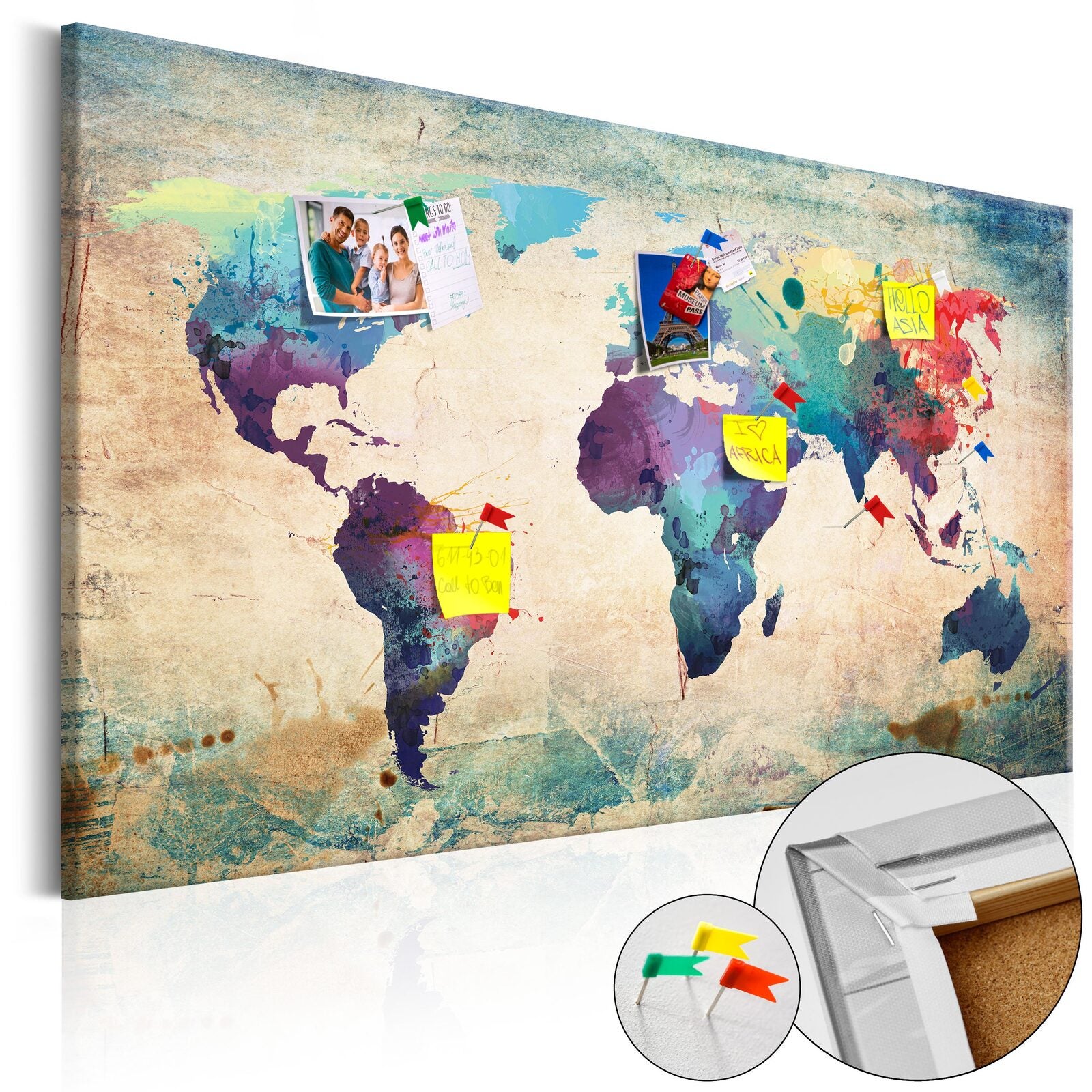 Impression sur toile avec dos en liège - Carte du monde