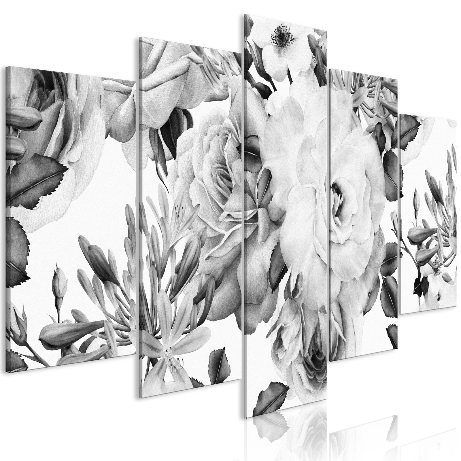 Tableau Rose Composition (5 Parts) Wide Black and White - 100 x 50 cm ...