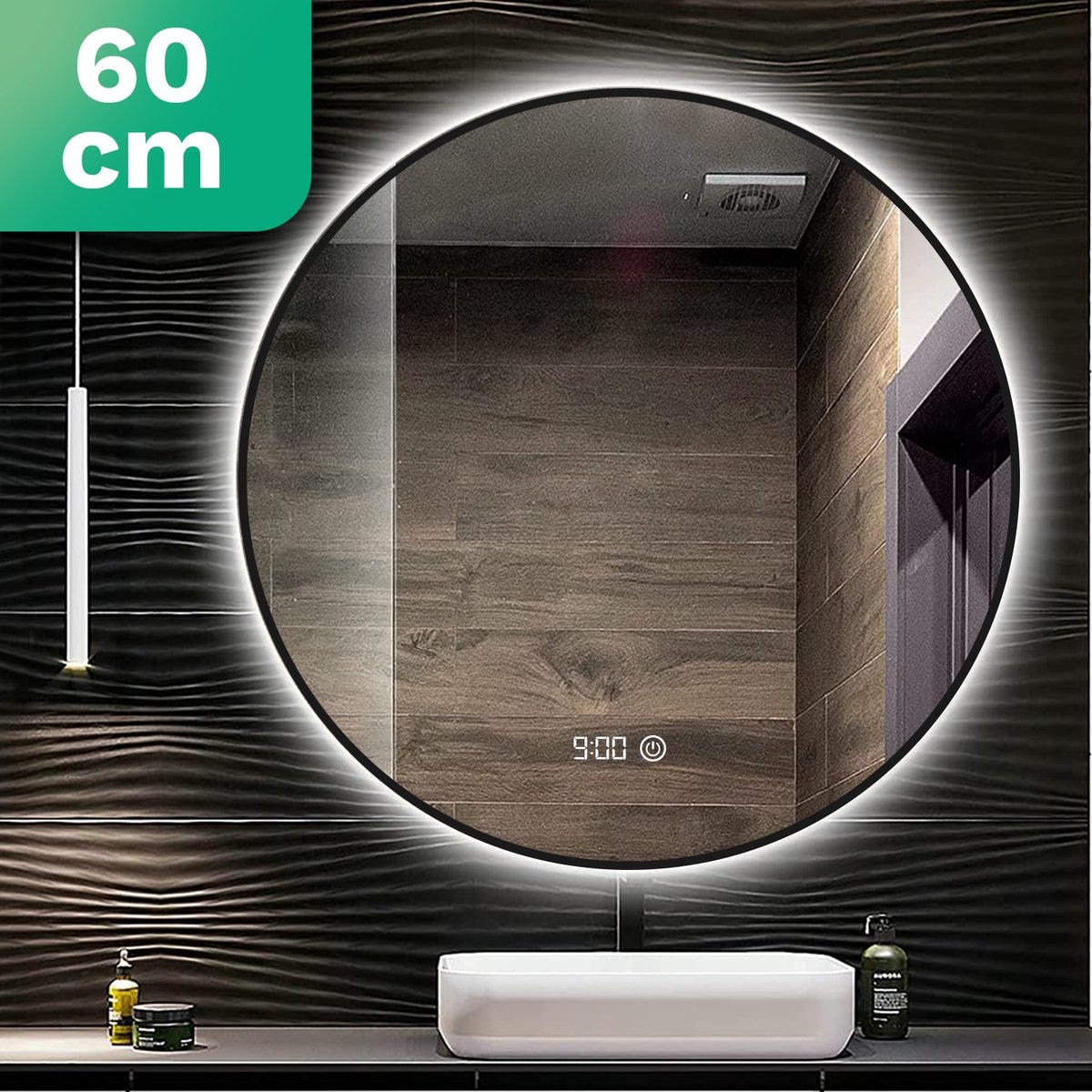 Heilmetz Miroir Salle de Bain LED, Miroir Rond 60 cm Diamètre, Miroir Mural  Rond avec Interrupteur Tactile et 3 Couleurs de lumière à intensité  Variable, Monture Noire et Bandoulière réglable : 