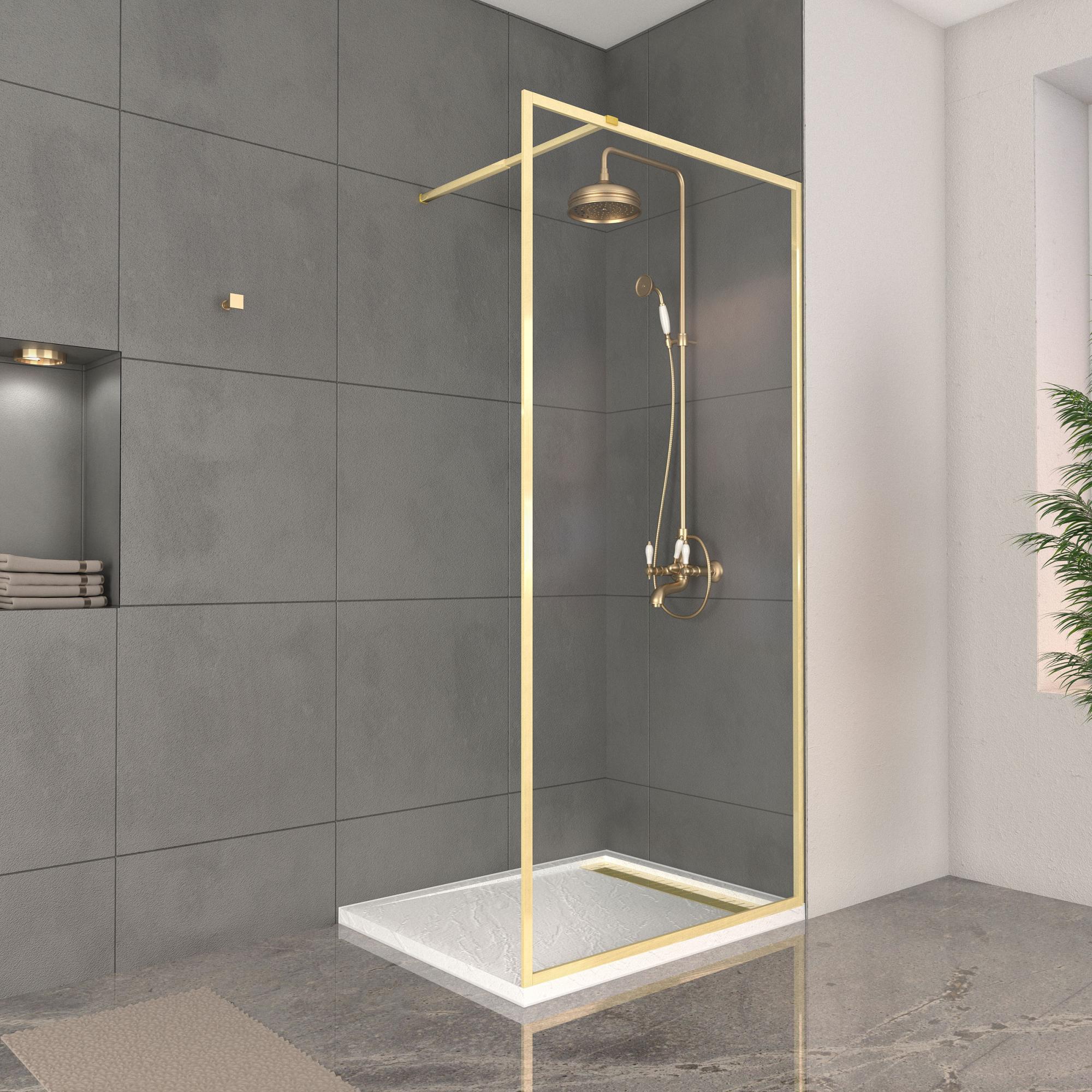 Paroi de Douche 100x200cm + Grille Finition Or Doré Brossé + Receveur Blanc effet pierre
