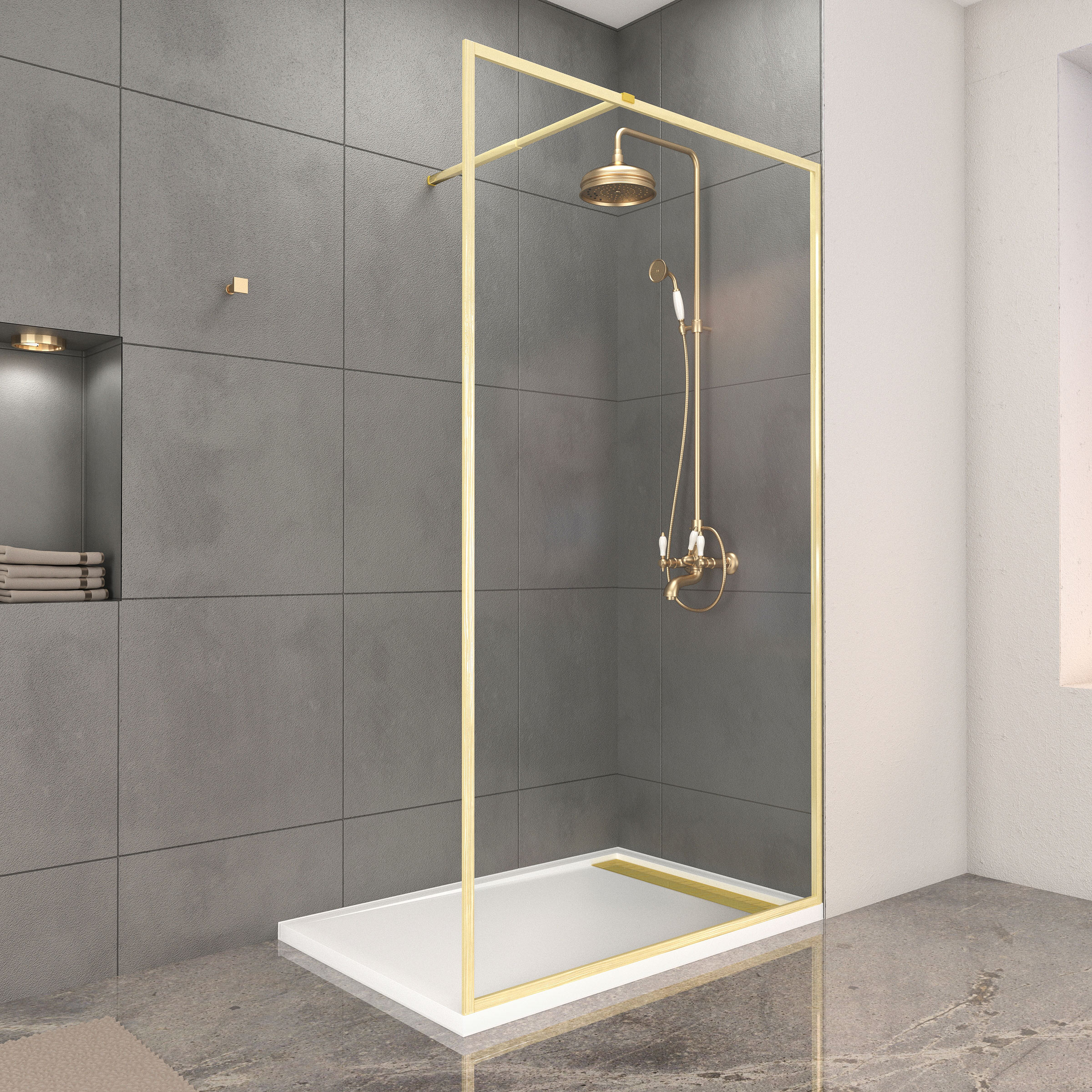 Paroi de Douche 120x200cm + Grille Finition Or Doré Brossé + Receveur