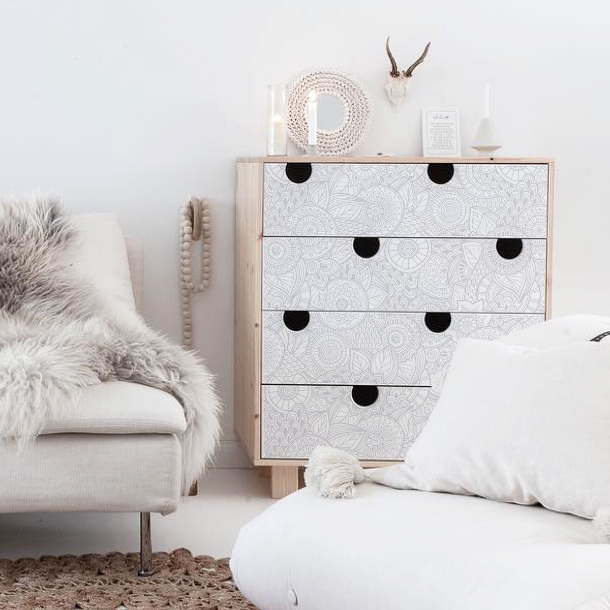 Adhésif meuble boheme chic gris et blanc en vinyle lavable et amovible - 1  rouleau 50x300 cm - Decochic