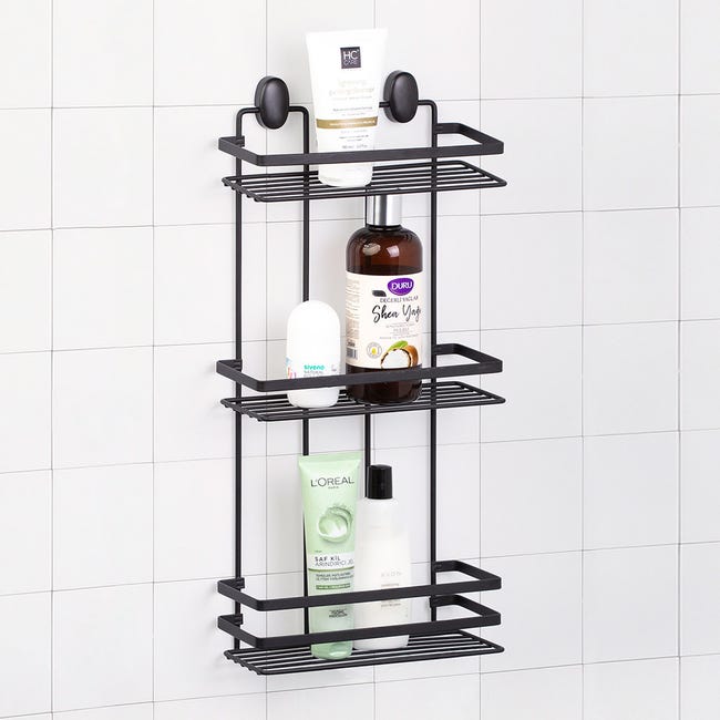 Mensola doccia porta oggetti nero 3 ripiani con supporti inclusi