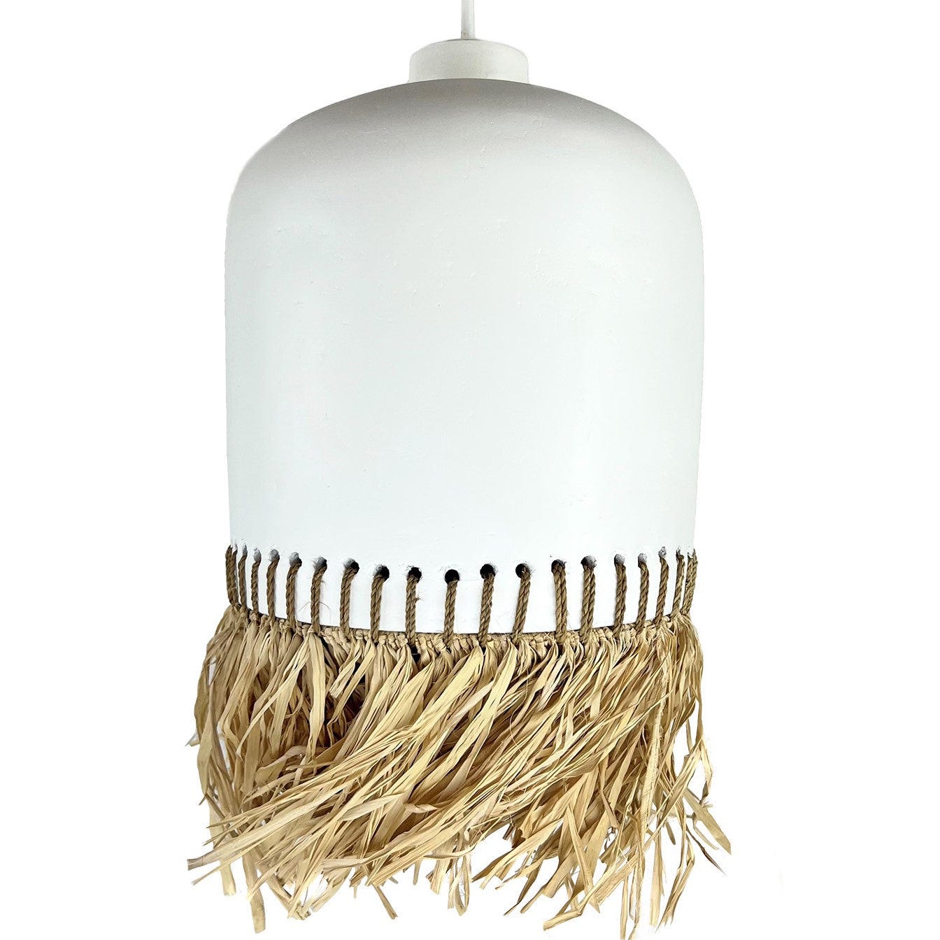 Lampe suspendue en terre cuite blanche avec franges naturelles D.17cm