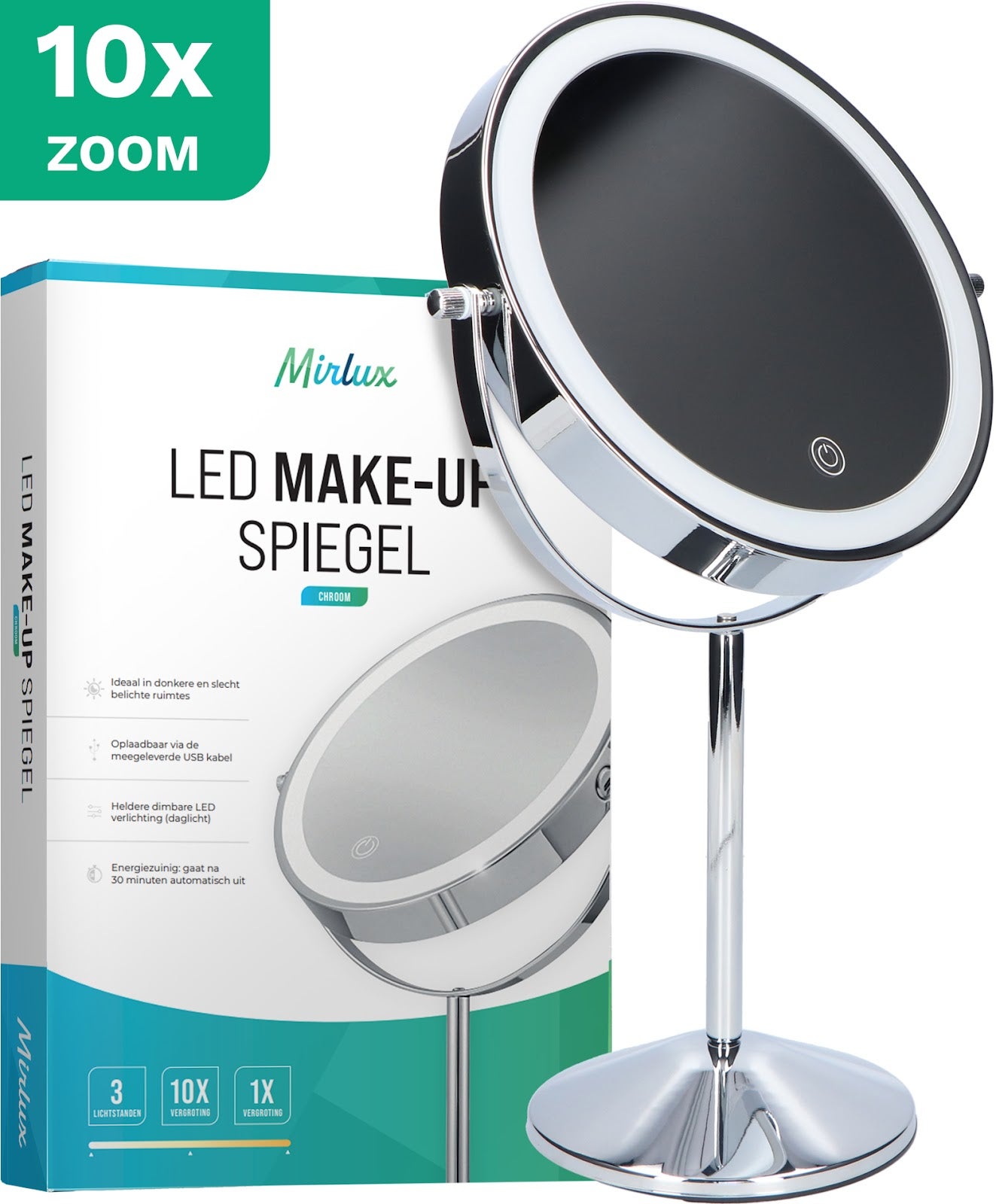 Miroir de maquillage de voyage éclairé par LED, grossissement 1x/10x - LED  avec