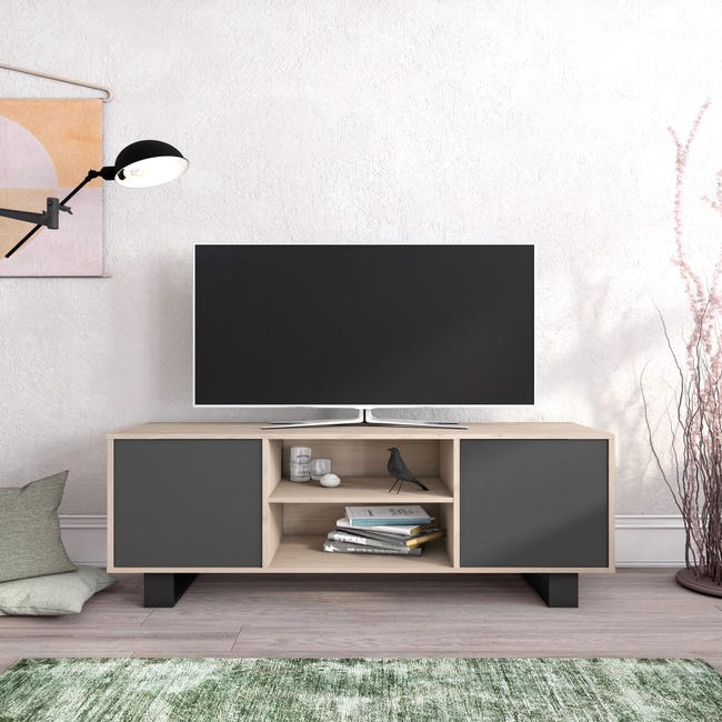 Meuble tv 2 portes coulissantes couleur gris, bois massif, 140 cm MAGNUS