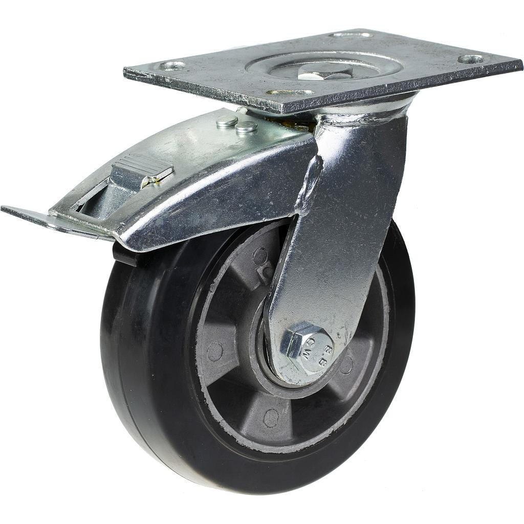 Roulette pivotante/freinée de 152 mm avec caoutchouc élastique noir sur roue  centrale en aluminium