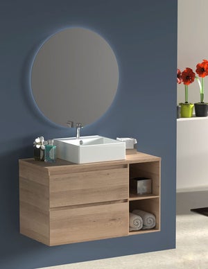 Set da bagno Zeus con mobili, specchio rotondo retroilluminato e Lavabo da  appoggio 100 cm con ripiano a destra Bianco Nordico