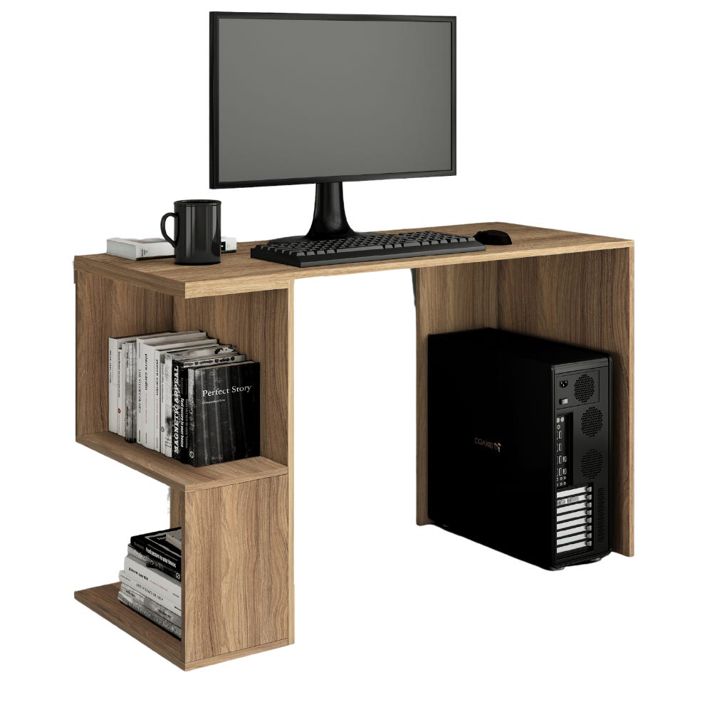 Bureau 2 étagères pour ordinateur Table en bois de chêne Support PC cm  117x50x74