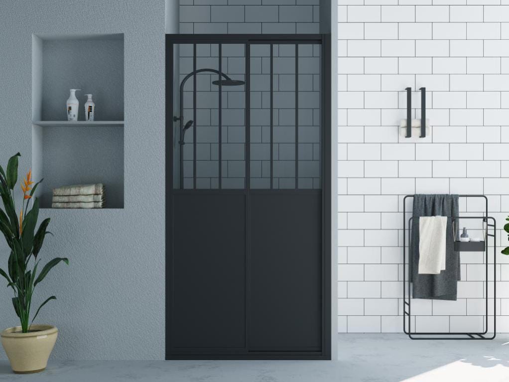 Porte de douche coulissante noir mat style atelier - 100 x 195 cm