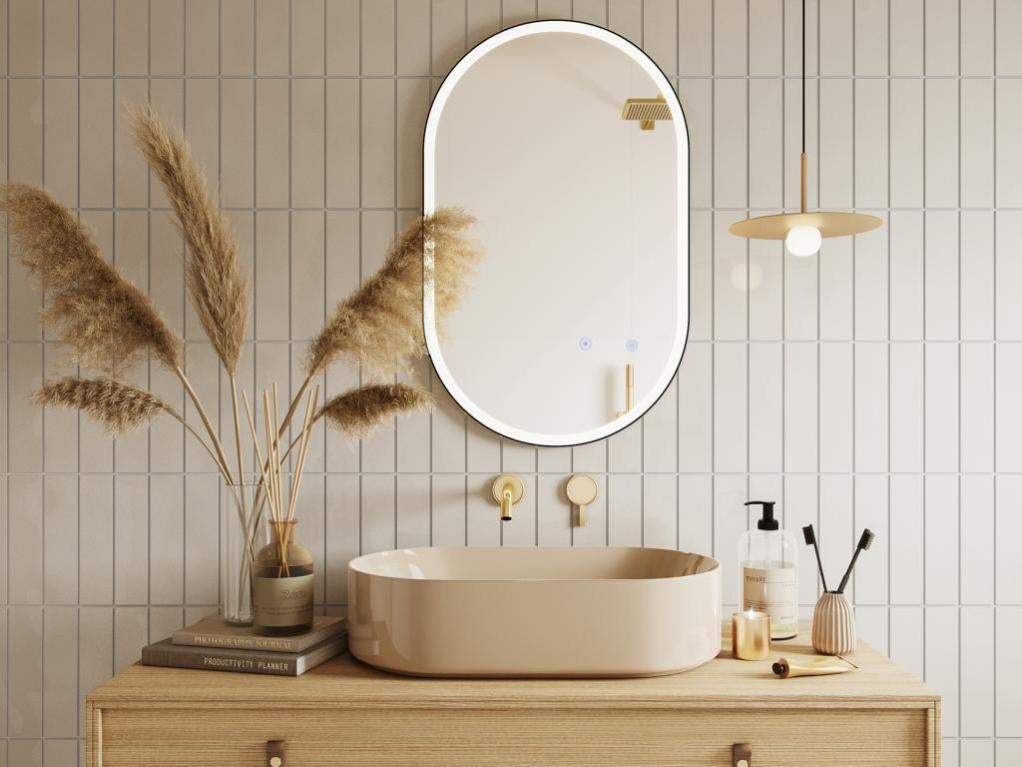 Miroir de salle de bain lumineux ovale anti buée avec contour noir - 50